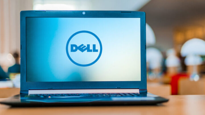 Laptop computer displaying logo of Dell