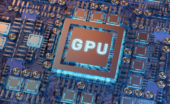 Close-up view of a modern GPU card with circuit 3D rendering