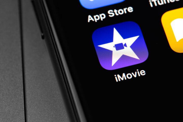 Apple iMovie icon app on the screen iPhone. iMovie is a video editing software application developed by Apple Inc. Moscow, Russia - September 15, 2020