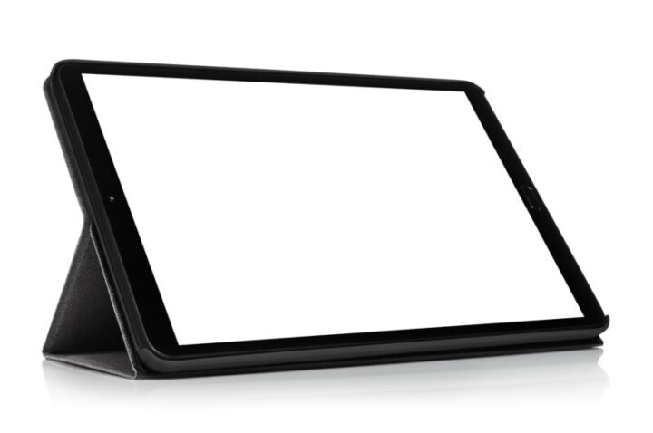 Tablet computer with blank screen, isolated on white background